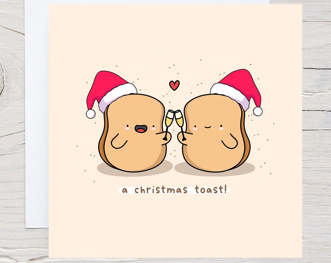 Kawaii Toast Christmas Pun Poster with Champagne Toast Santa Hats