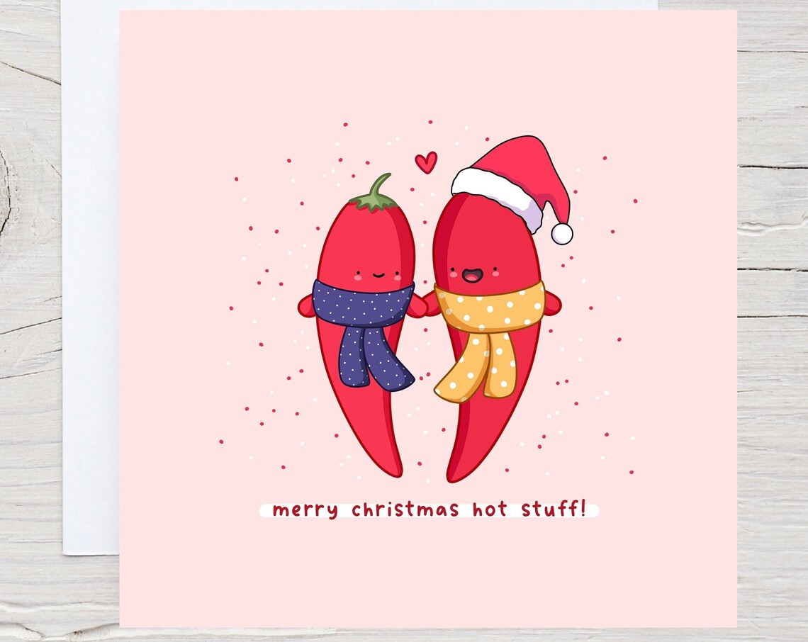 Merry Christmas Hot Stuff Kawaii Chili Pepper Couple Greeting Poster