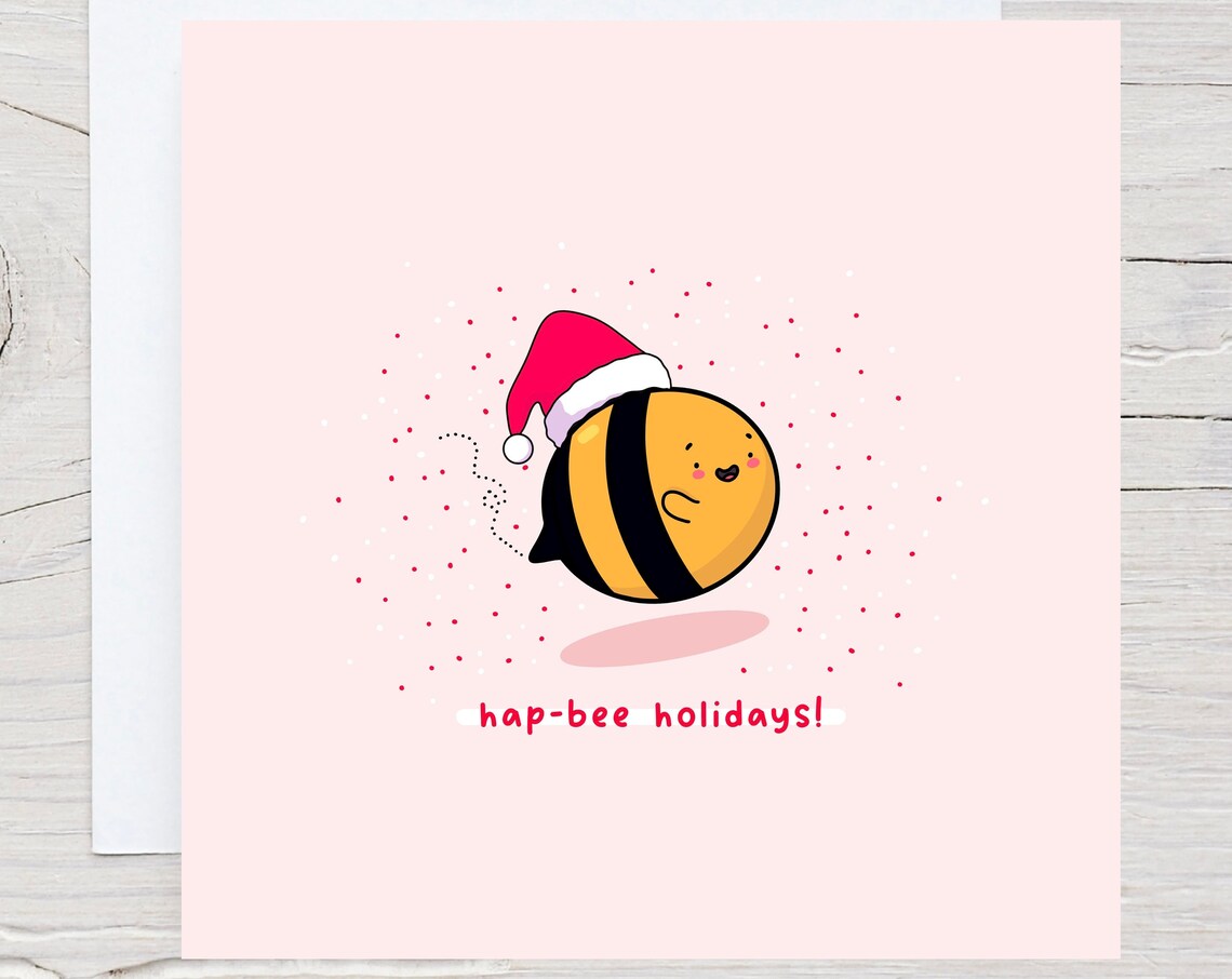 Hap-bee Holidays Cute Bee Wearing Santa Hat Holiday Card Poster