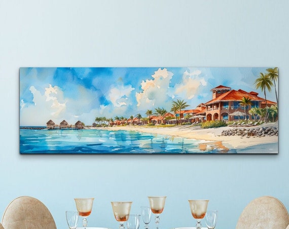 Paradise Water Villas Seascape Wall Art Print Paradise Beach Island Resort Art Nature Wall Art Ready To Hang Panoramic