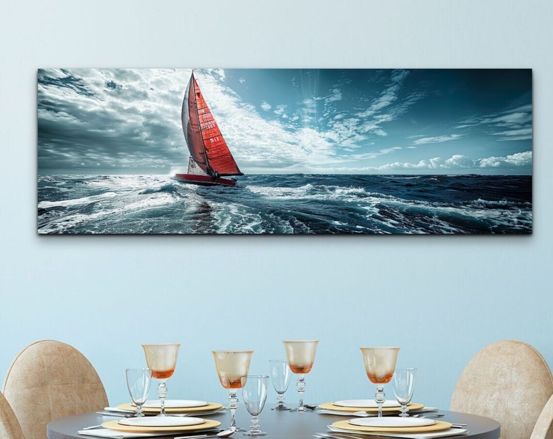 Sailing Colorful Sailboat Painting, Coastal Nautical