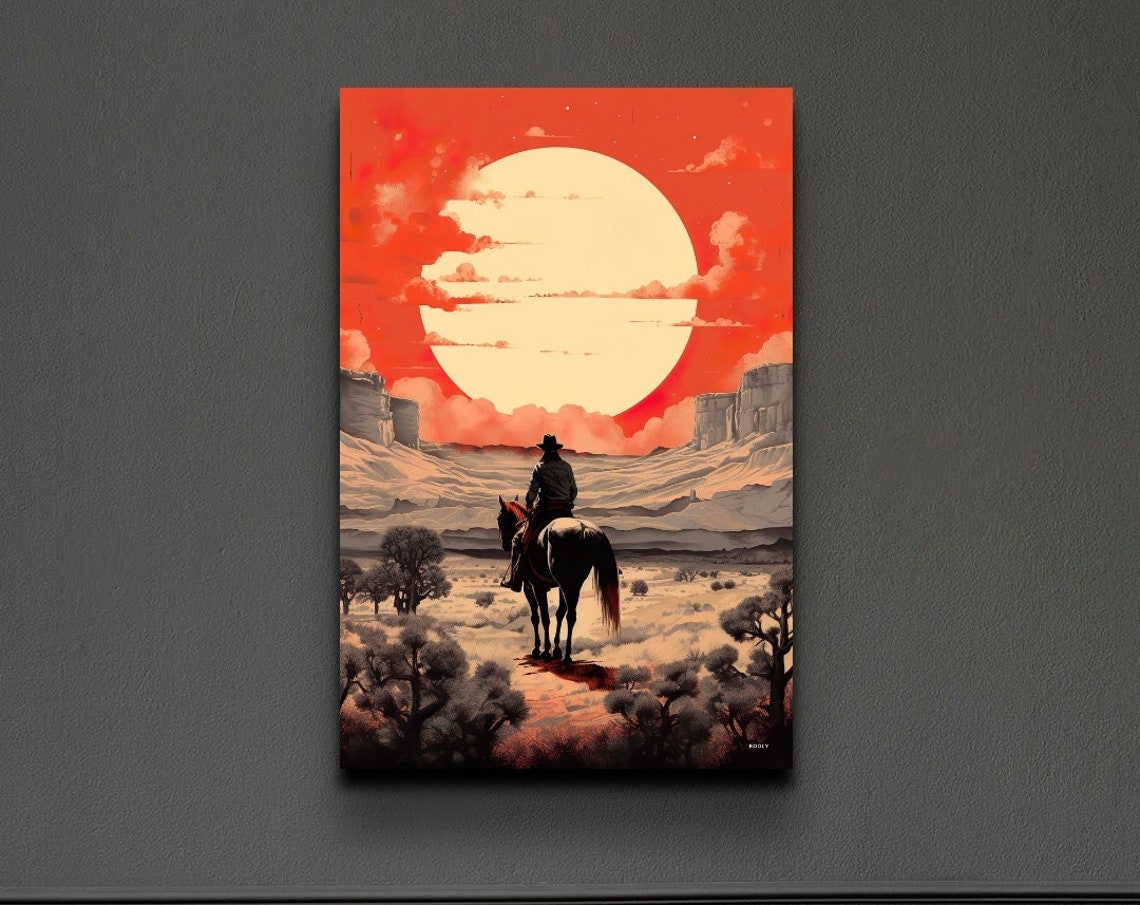 Cowboy Riding Into The Sunset Desert Giant Red Sun Scene Poster