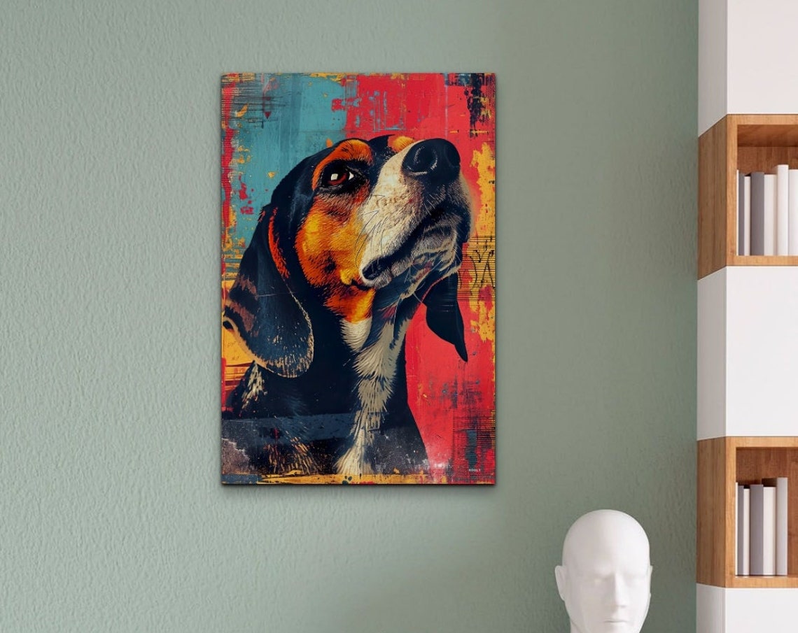 Beagle Dog Profile in Vintage Red and Teal Distressed Art Poster