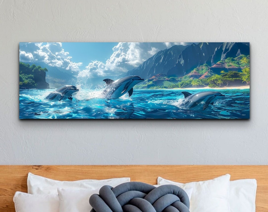 Dolphins Leaping in Turquoise Water Beside a Mountain Coast Poster