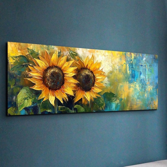 Watercolor Style Bold Sunflower Ready To Hang Panoramic Wall Art Print Large Wall Art Panoramic Wall Art
