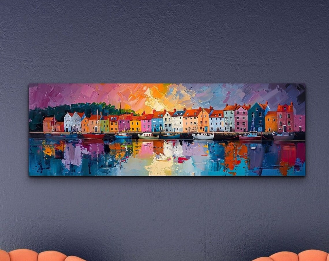 Vibrant Harbor Village With Colorful Boats At Dusk Panoramic Poster