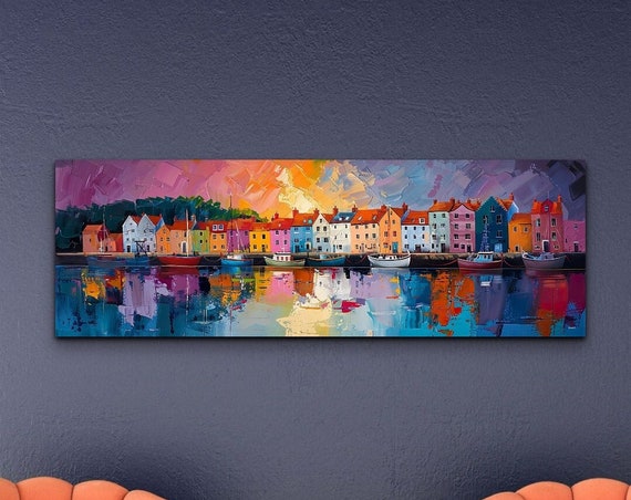 Colorful Painting Style Fishing Village Wall Art Print Panoramic Wall Decor Livingroom Ready To Hang Nature Decor Sunrise Sunset