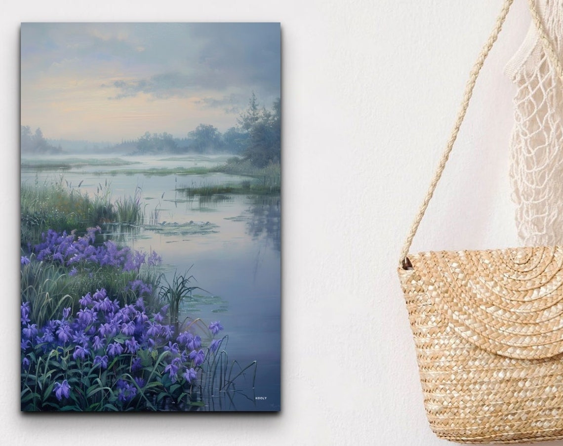 Purple Wildflower Meadow Along Misty River Nature Wall Poster