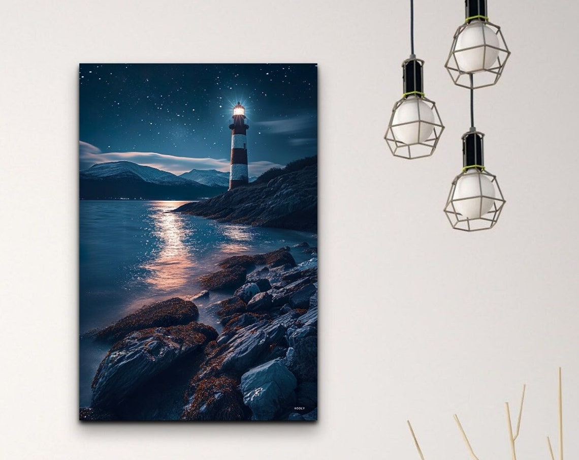 Lighthouse At Night Starry Sky Rocky Coast Ocean Beacon Wall Art