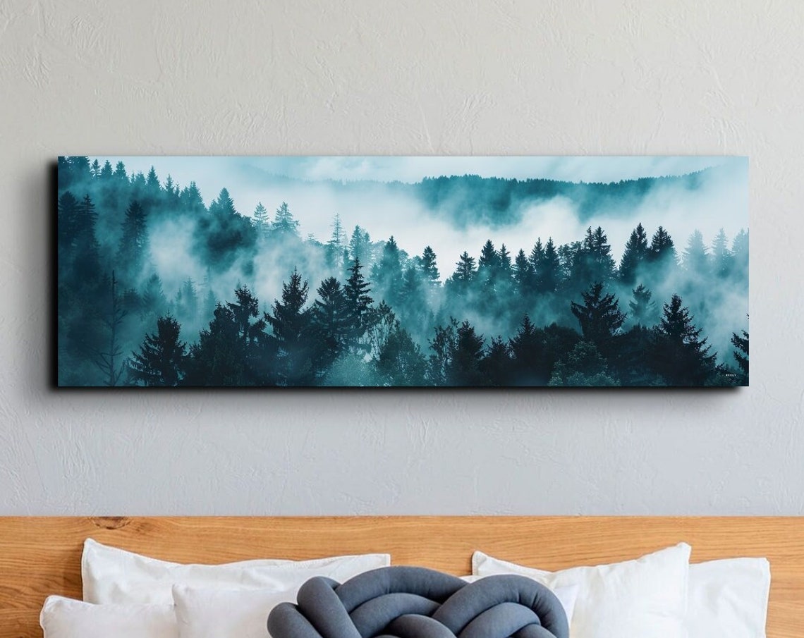 Moody Thick Blue Green Fog Filling a Pine Forest Valley Poster