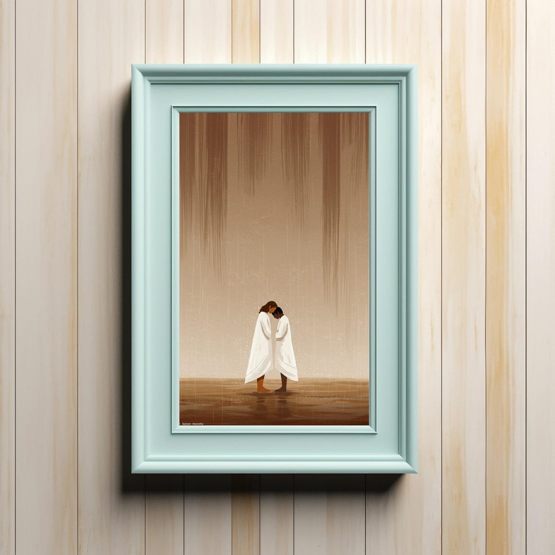 Two Figures Embracing Under Gentle Rain Minimalist Spiritual Poster