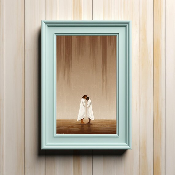 Two Figures Embracing Under Gentle Rain Minimalist Spiritual Poster