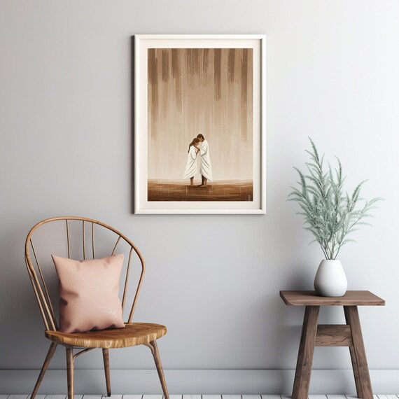 Serene Embrace A Minimalist Illustration Of Intimacy In Flowing White Garments With Ethereal Rainfall