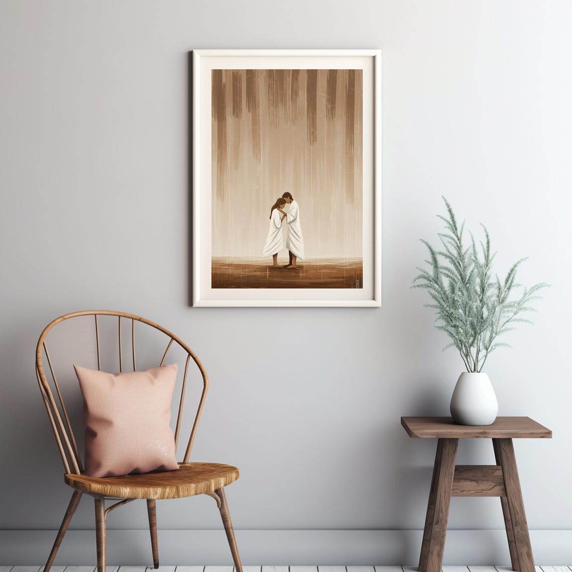 Embracing Couple Rain White Robes Serene Neutral Minimalist Poster