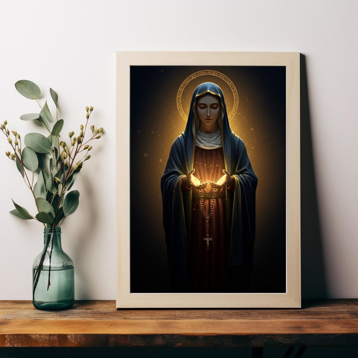 Virgin Mary With Glowing Hands Rosary Dark Halo Devotional Art Poster