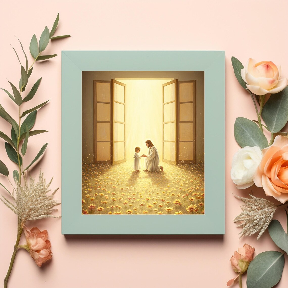 Jesus Kneeling With Child Golden Door Flowers Christian Art Poster