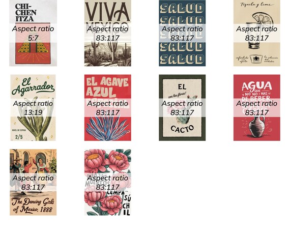 Set Of 10 Vintage Mexico Travel Art Chichen Itza Agave Cacto Poster