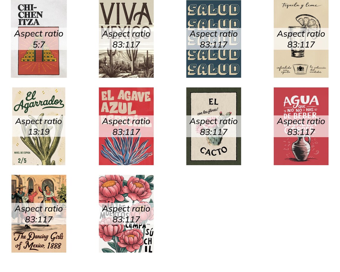 Set Of 10 Vintage Mexico Travel Art Chichen Itza Agave Cacto Poster