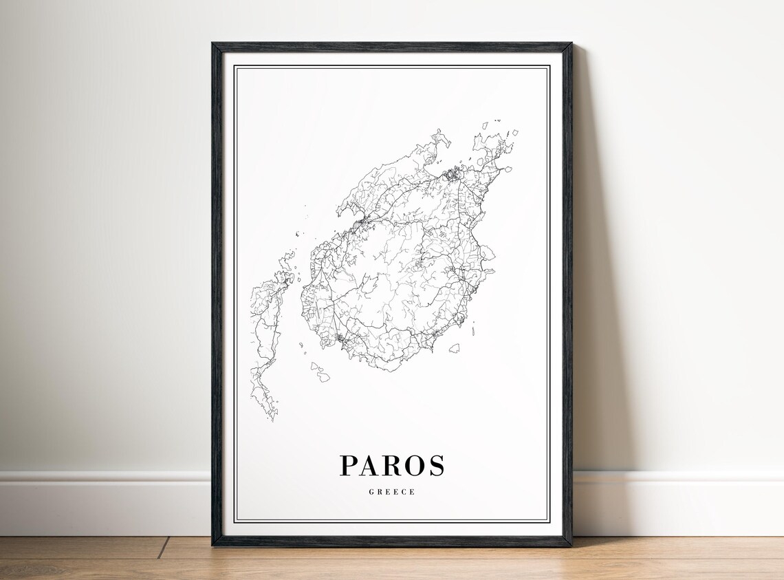 Paros Greece Black and White Minimal Island Line Map Art Poster