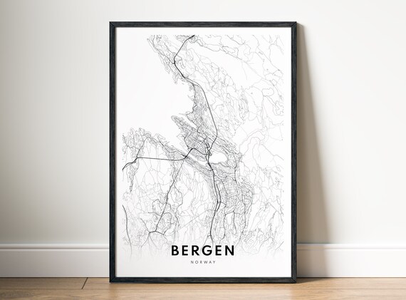 Bergen Norway Map Print Poster City Black And White Wall Art Sketch