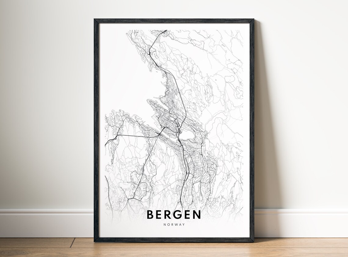 Bergen Norway Map Print Poster City Black And White Wall Art Sketch