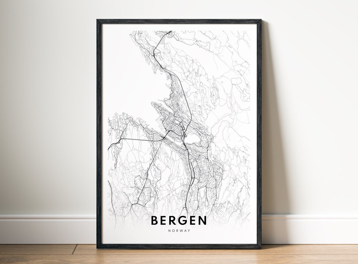 Scandinavian Minimalist Bergen Norway City Street Map Line Poster