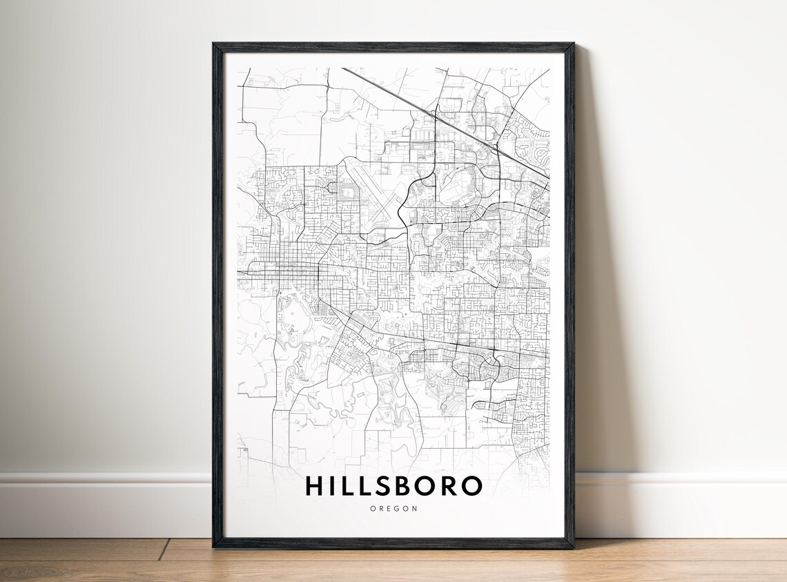 Hillsboro City Map Poster Oregon Black And White Minimalistic