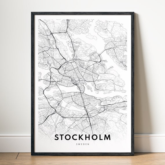 Stockholm Sweden Map Road Art Print, Black And White