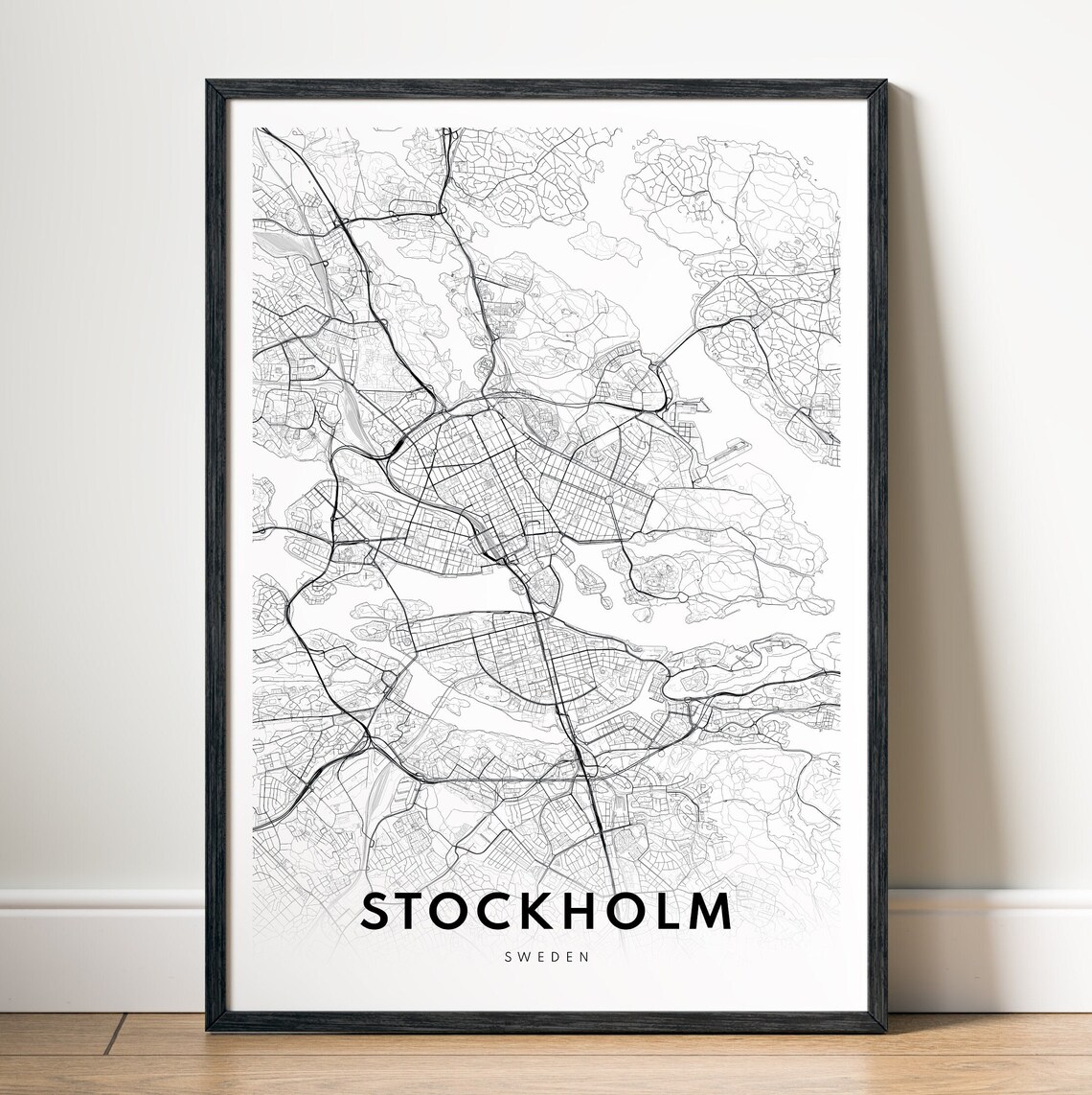 Stockholm Sweden Map Road Art Print, Black And White