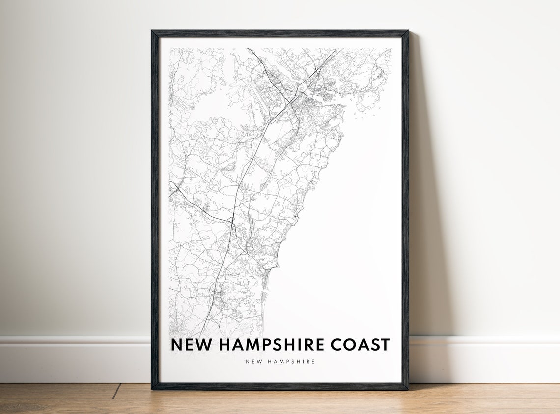 New Hampshire Coast Detailed Line Map Black And White Coastal Poster