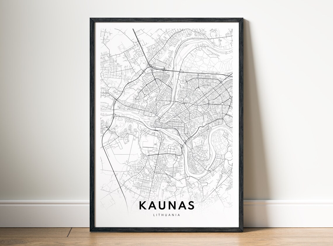 Kaunas Map Print, Black And White Travel Poster