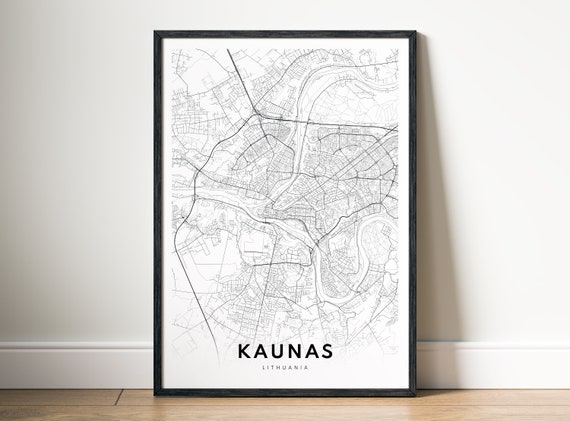 Kaunas Map Print, Black And White Travel Poster