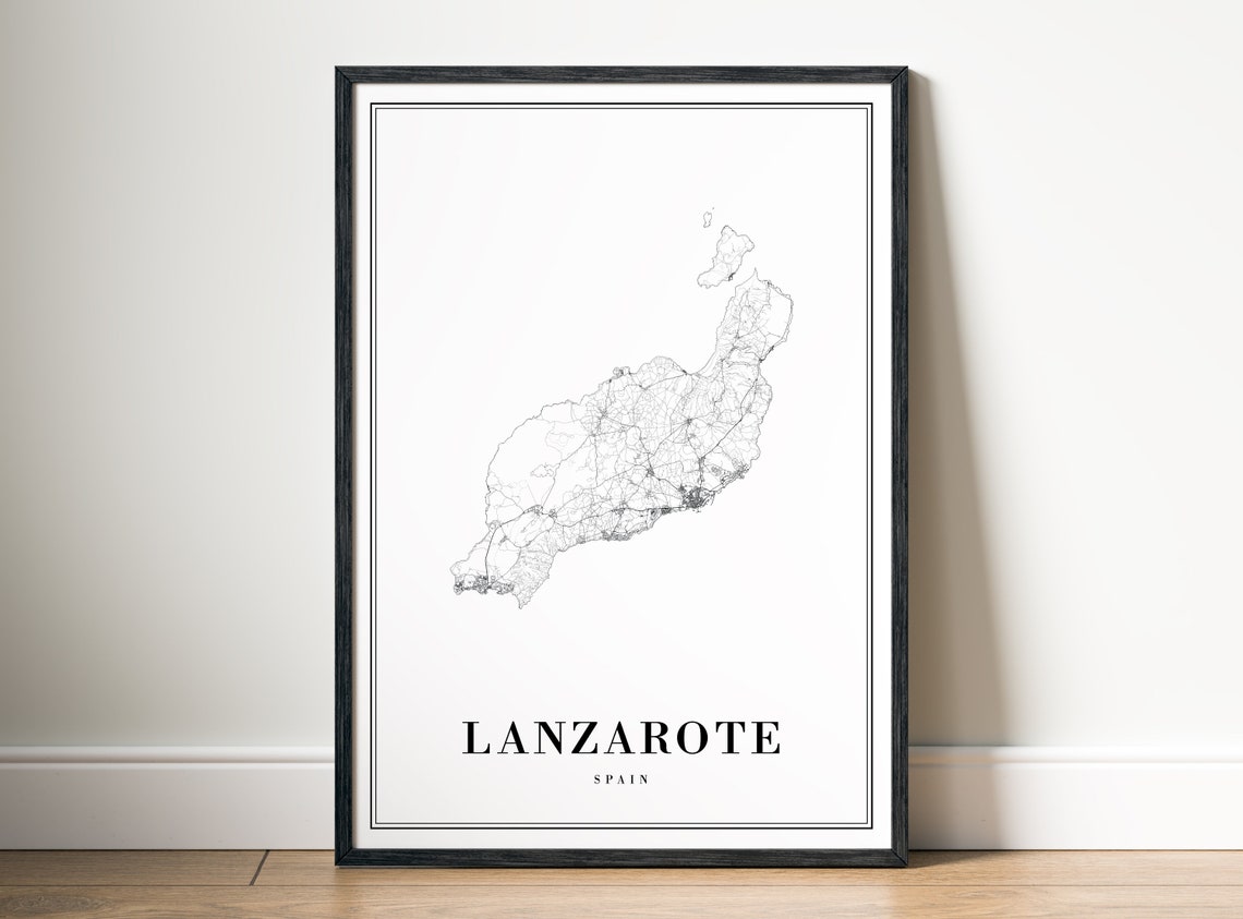 Lanzarote Spain Canary Islands Map Black and White Line Art Poster