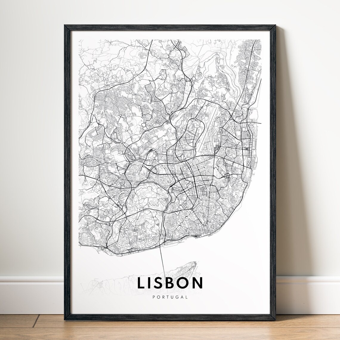 Lisbon Portugal Minimalist Black and White City Street Map Poster