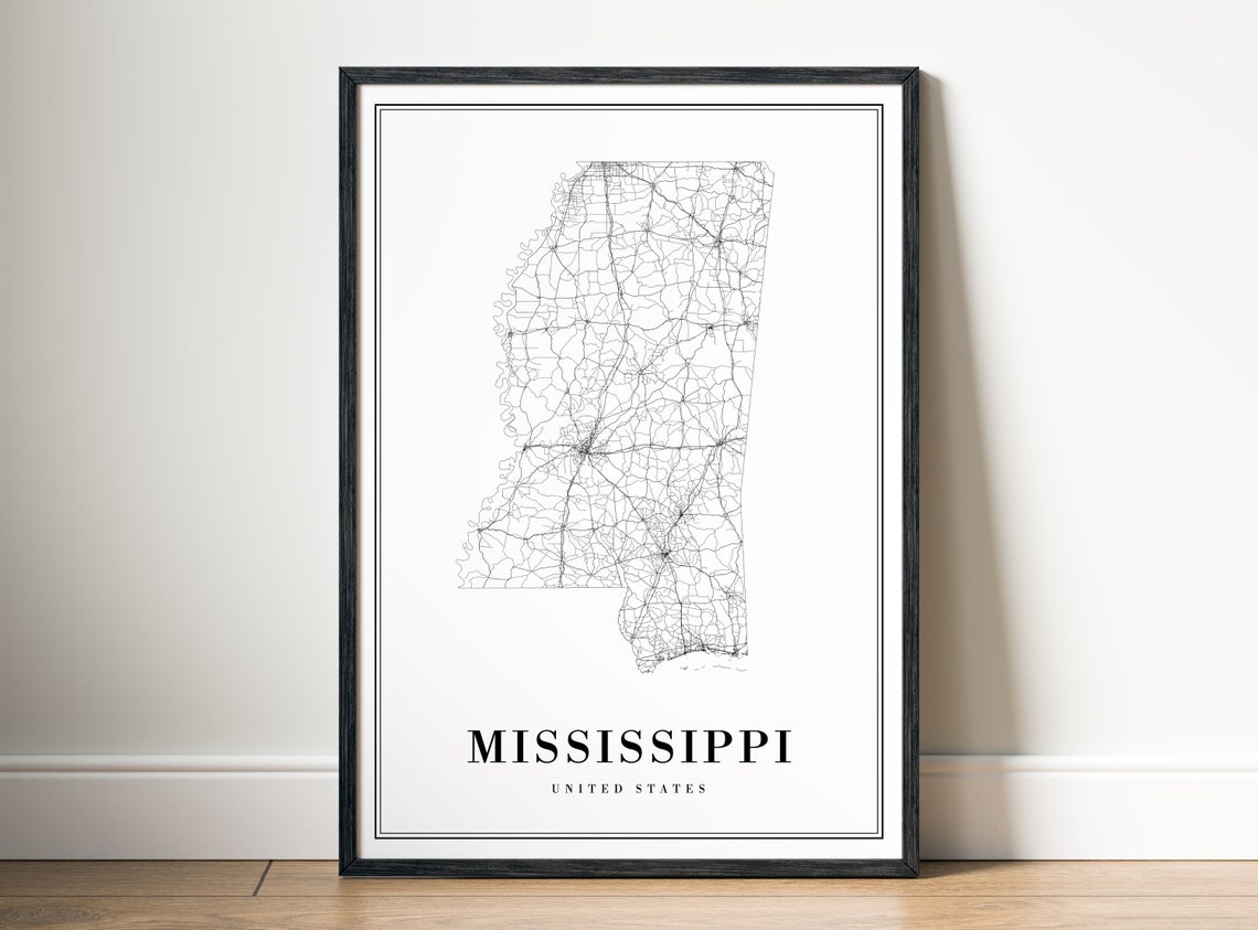 Mississippi State Road Map Minimalist Black White Art Poster