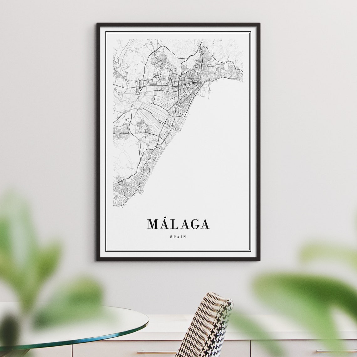 Malaga Spain Minimalist Black and White Coastal City Map Poster - Image 3