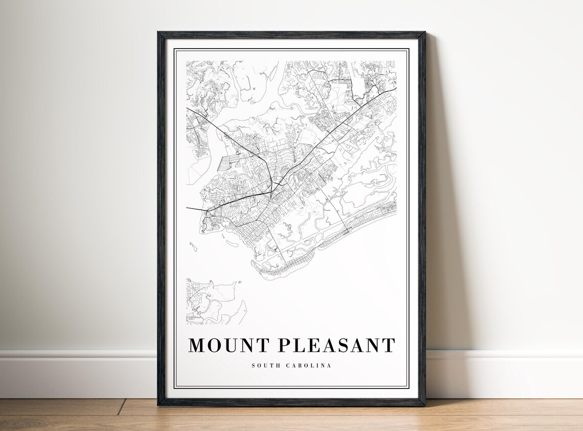 Mount Pleasant Sc Map Print Black And White Poster South Carolina