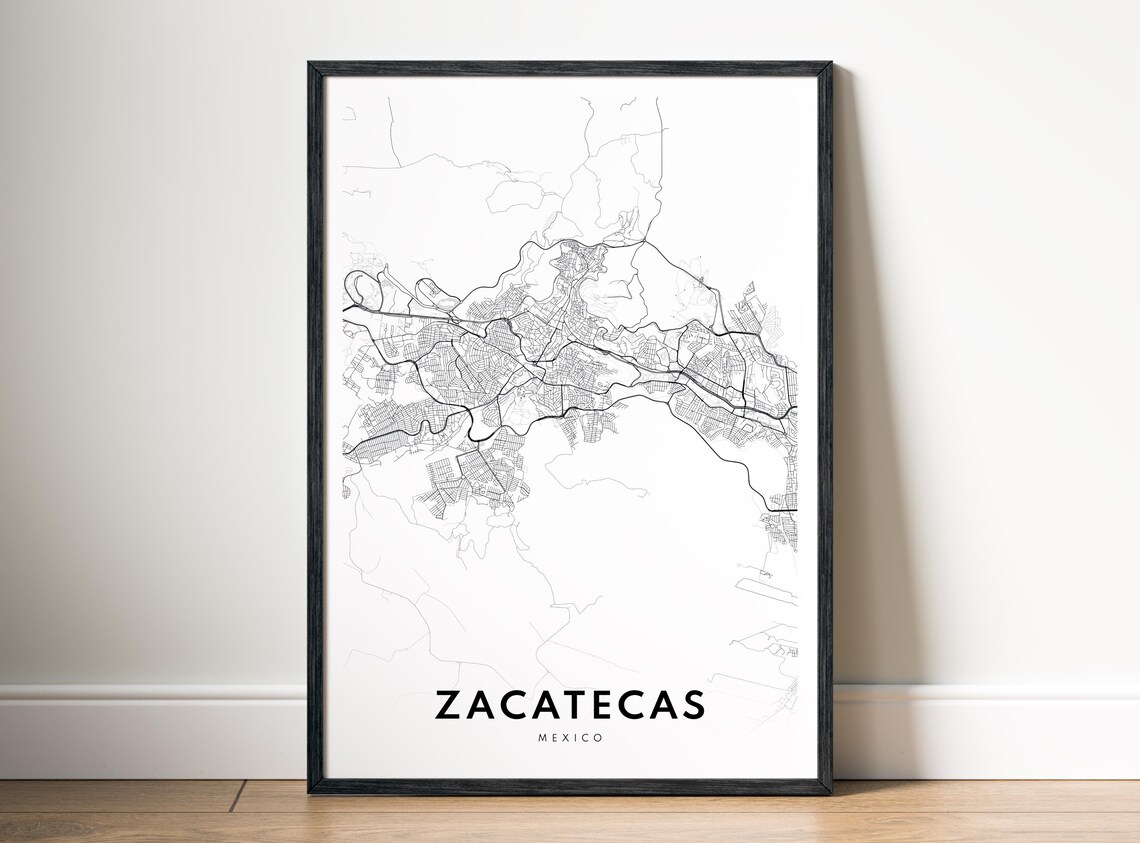 Zacatecas Mexico Map Poster Black And White Minimalistic City Art