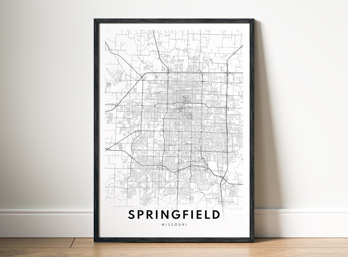 Springfield Missouri Map Art Print, Black And White