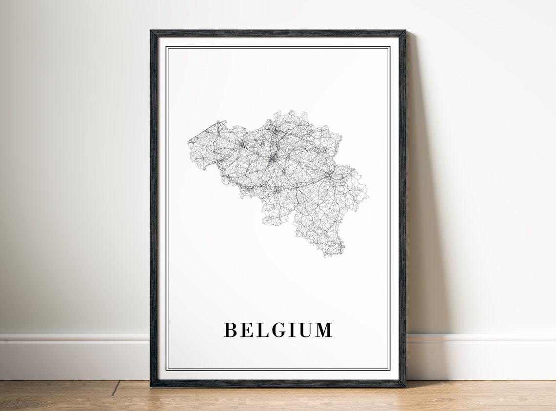 Belgium Country Minimalist Black White Road Network Map Poster