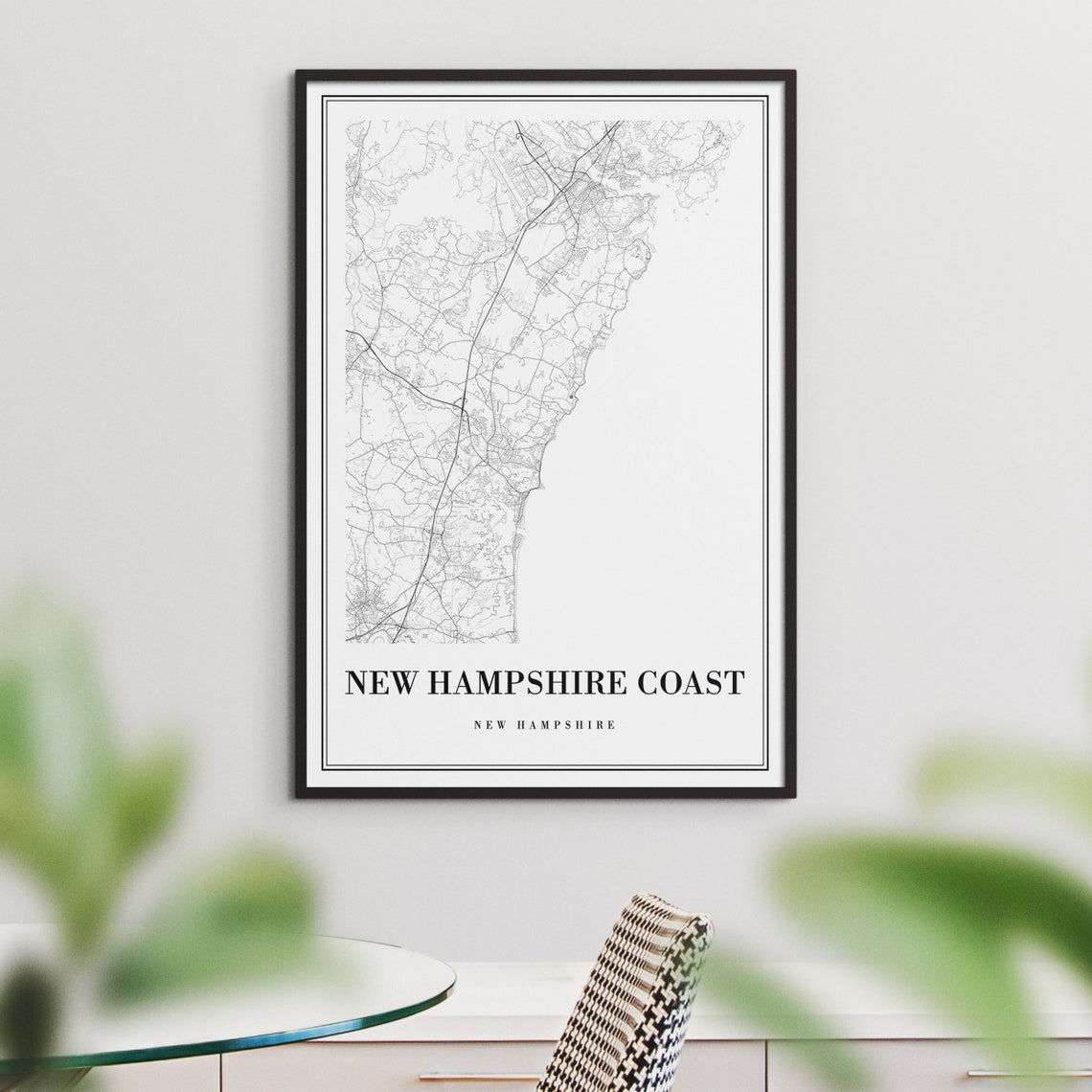 New Hampshire Coast Detailed Line Map Black And White Coastal Poster - Image 3