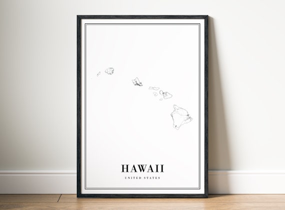 Hawaii State Map, Black and White Travel Poster