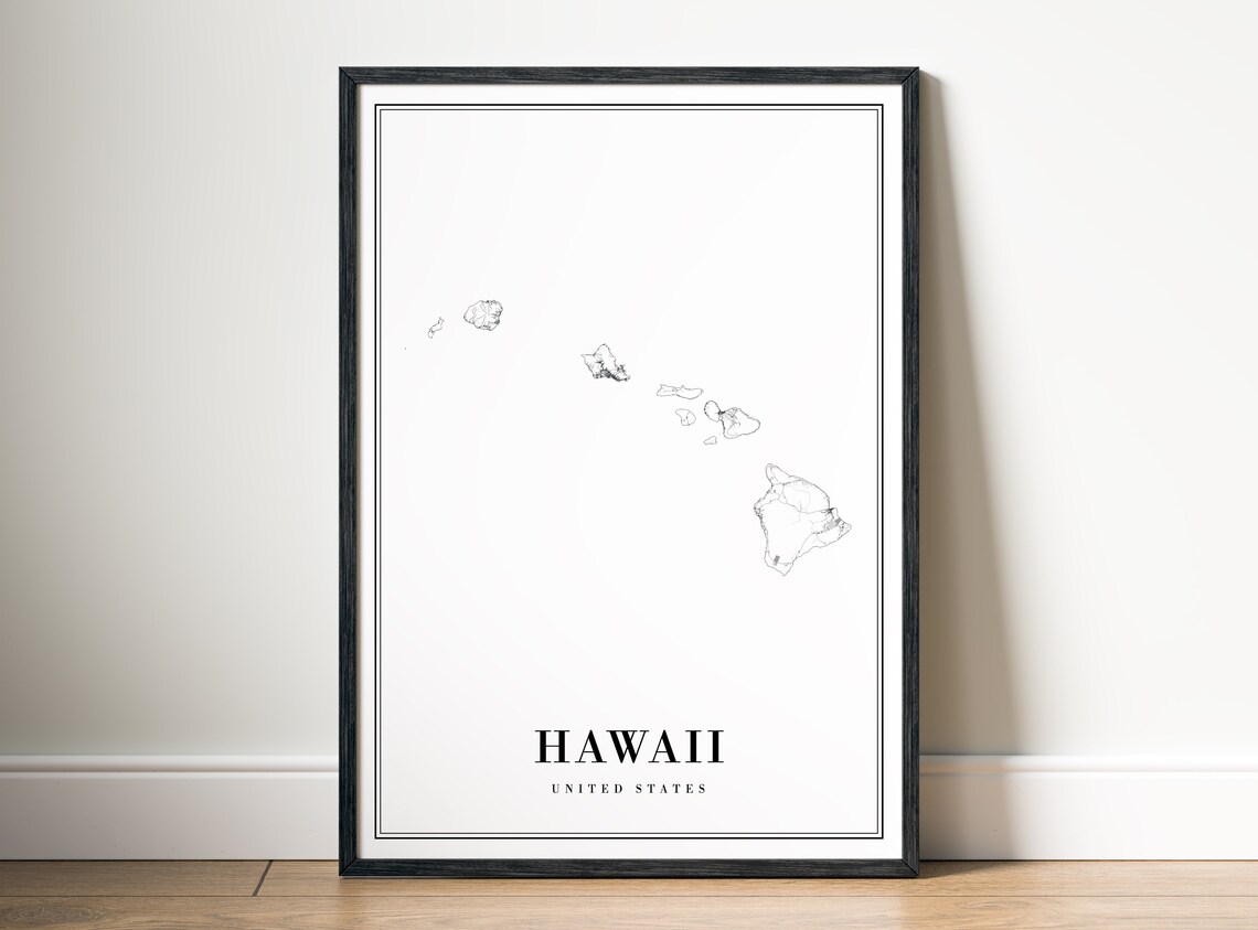 Hawaii State Map, Black and White Travel Poster
