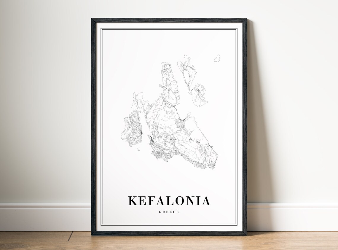 Kefalonia Greece Island Minimalist Line Art Black White Map Poster