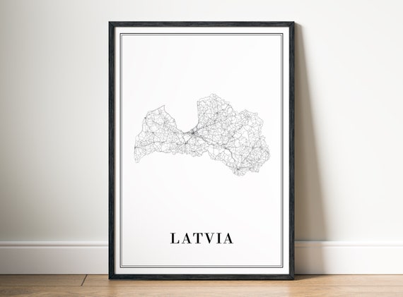 Latvia Map Poster, Black And White Travel Poster