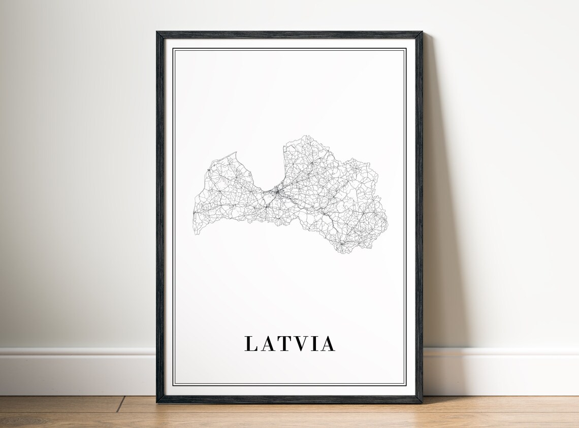 Latvia Map Poster, Black And White Travel Poster