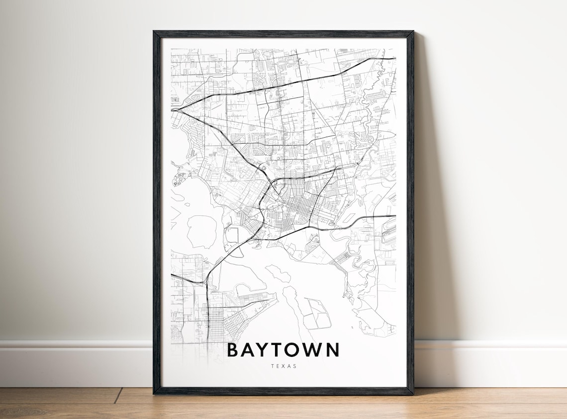 Baytown Texas Minimalist Black And White Gulf Coast City Map Poster