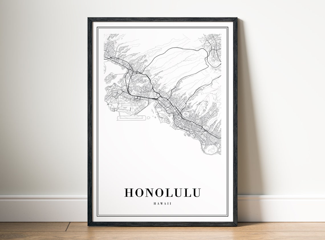 Honolulu Hawaii Minimalist Black And White Street Map Line Art Poster - Image 5