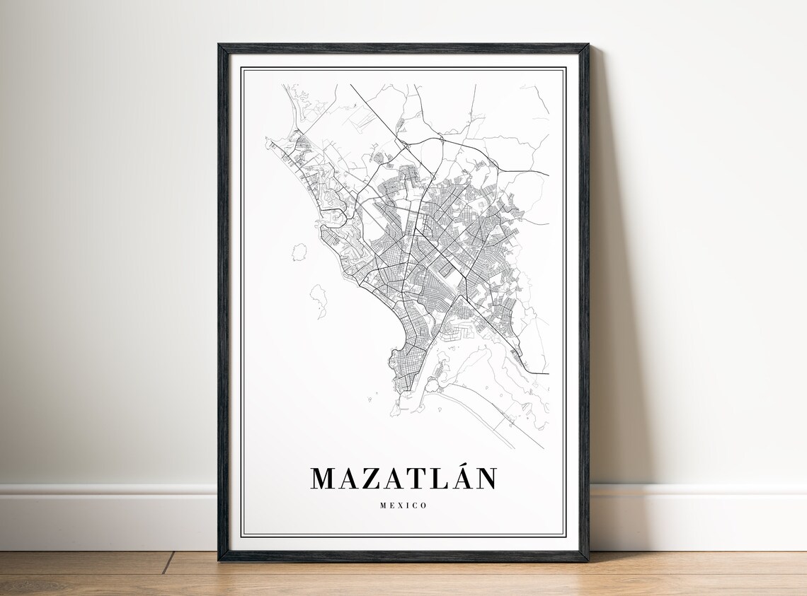 Mazatlan Mexico Minimalist Black Line City Street Map Poster