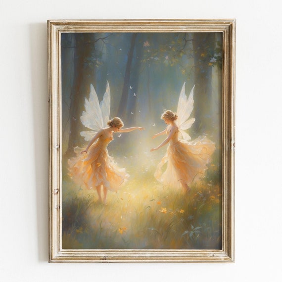 Whimsical Fine Art Print Of Two Fairies Dancing In A Beautiful Forest Glade Enchanting Nursery Gift